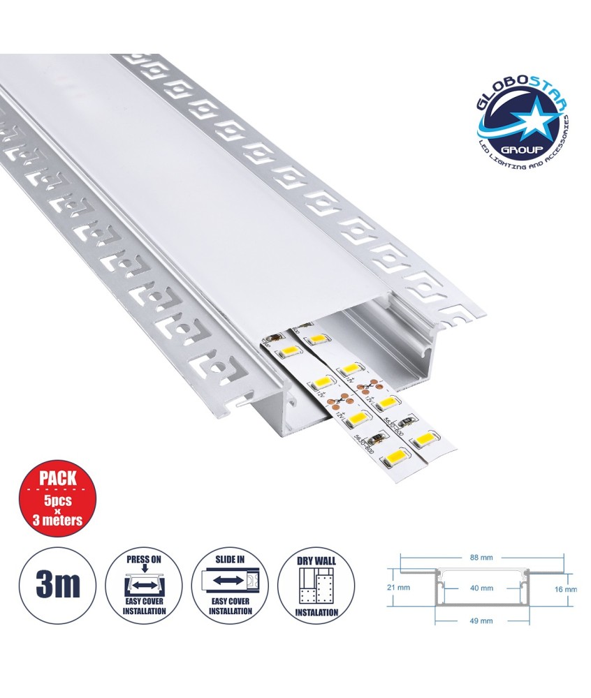 GloboStar® PLASTERBOARD-PROFILE 70862-3M Προφίλ Αλουμινίου - Βάση & Ψύκτρα Ταινίας LED με Λευκό Γαλακτερό Κάλυμμα - Χωνευτή Χρήση σε Γυψοσανίδα - Trimless - Πατητό Κάλυμμα - Ασημί - 3 Μέτρα - Πακέτο 5 Τεμαχίων - Μ300 x Π8.8 x Υ2cm